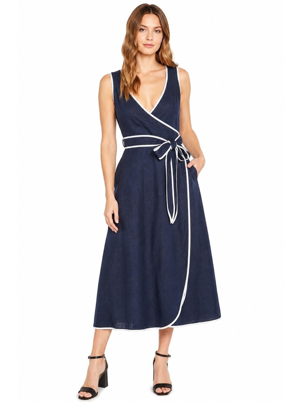 1901 Navy Blue Linen Blend Faux Wrap Midi Dress Tie Waist Pockets Size L